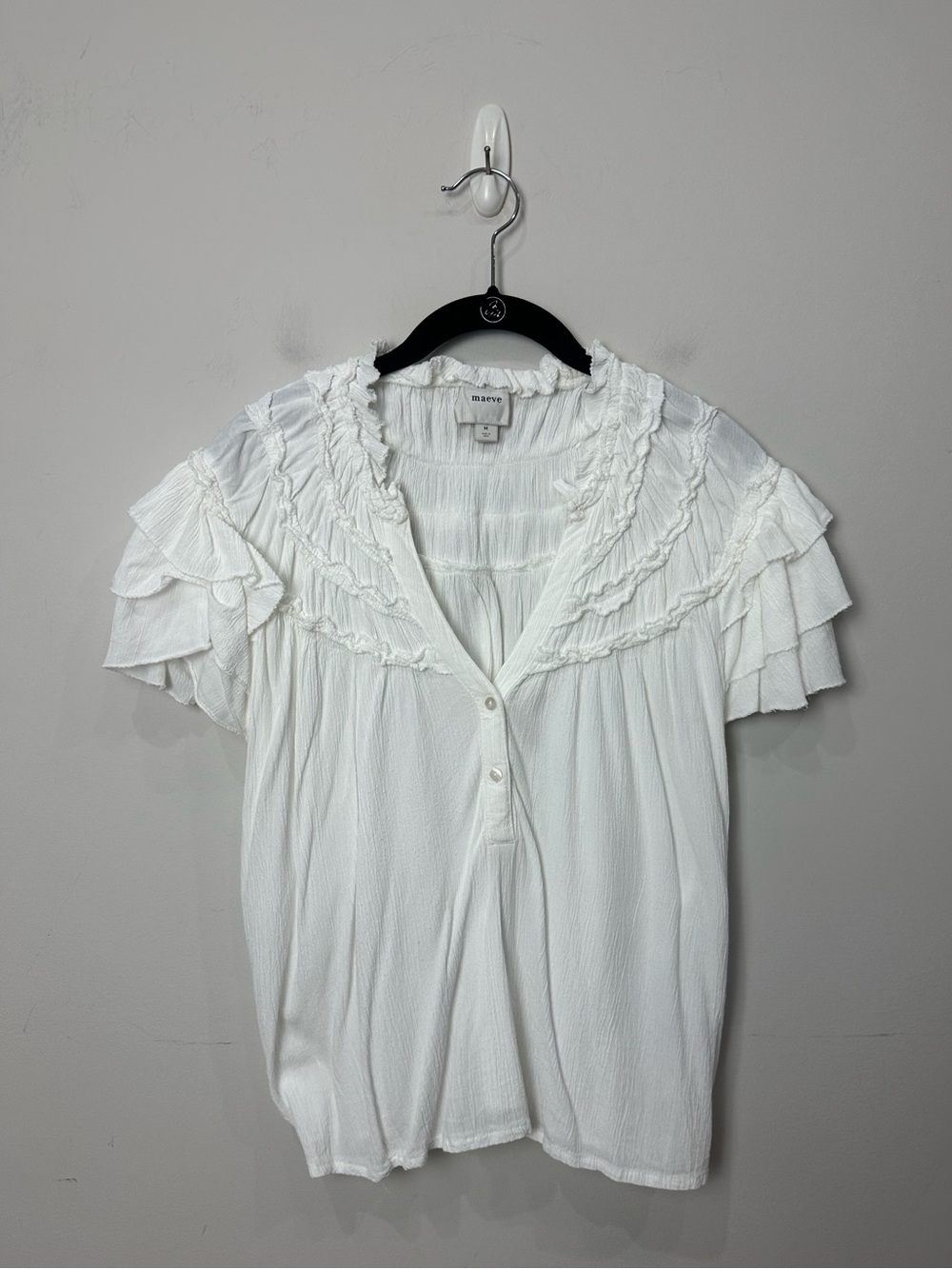 Anthropologie Maeve Short Sleeve Ruffle Yoke Blouse White - Picture 4 of 9